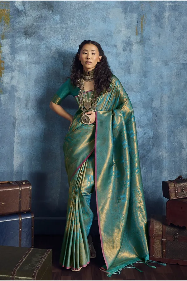 Teal_Green_Kanjivaram_Silk_Saree_With_Gold_Zari_Border_Default_Title
