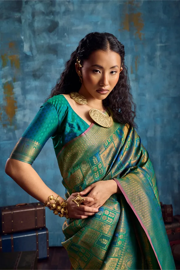 Teal_Green_Kanjivaram_Silk_Saree_With_Gold_Zari_Border_Default_Title