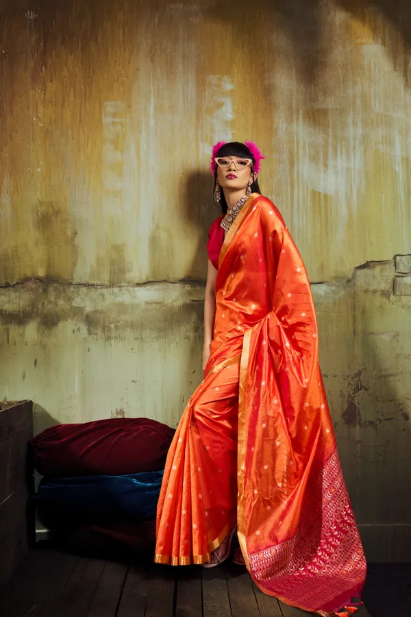 Orange_Soft_Silk_Saree_For_Women_With_Golden_Zari_Border_Default_Title