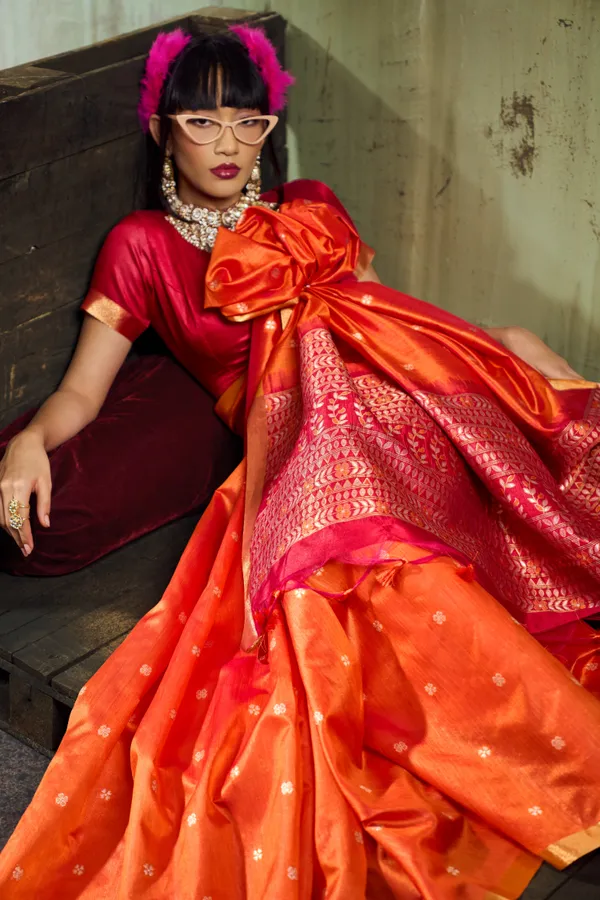 Orange_Soft_Silk_Saree_For_Women_With_Golden_Zari_Border_Default_Title