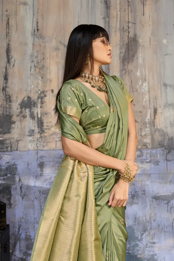 Olive_Sage_Green_Katan_Silk_Saree_With_Antique_Zari_Border_And_Tiger_Buttas_Default_Title
