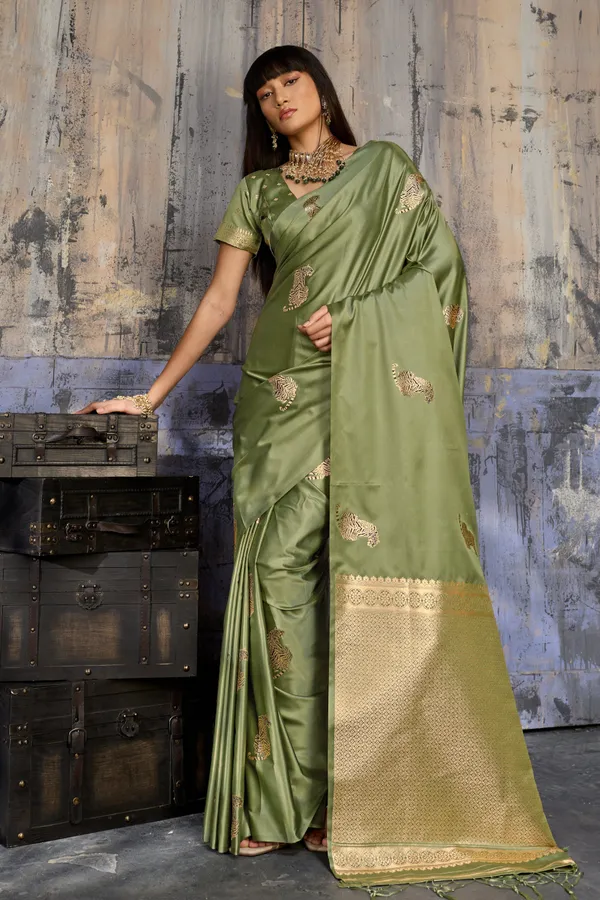Olive_Sage_Green_Katan_Silk_Saree_With_Antique_Zari_Border_And_Tiger_Buttas_Default_Title