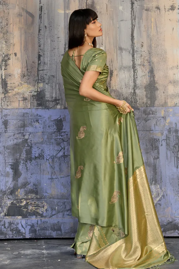 Olive_Sage_Green_Katan_Silk_Saree_With_Antique_Zari_Border_And_Tiger_Buttas_Default_Title