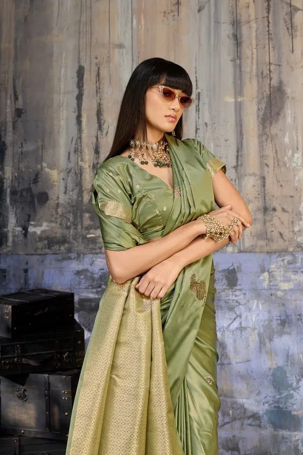 Olive_Sage_Green_Katan_Silk_Saree_With_Antique_Zari_Border_And_Tiger_Buttas_Default_Title