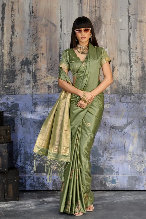 Olive_Sage_Green_Katan_Silk_Saree_With_Antique_Zari_Border_And_Tiger_Buttas_Default_Title