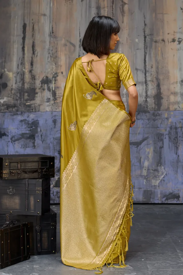 Golden_Olive_Katan_Silk_Saree_With_Antique_Zari_Border_And_Tiger_Buttas_Default_Title