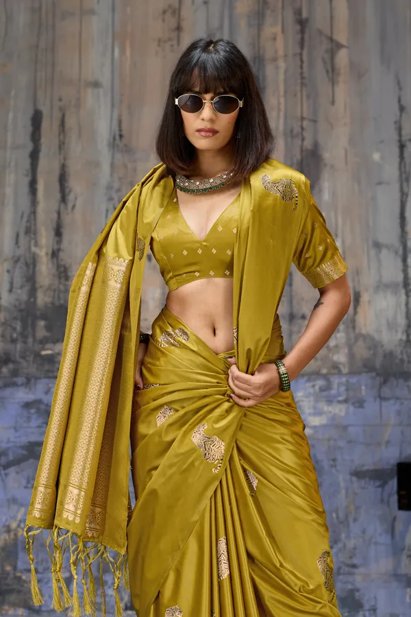 Golden_Olive_Katan_Silk_Saree_With_Antique_Zari_Border_And_Tiger_Buttas_Default_Title