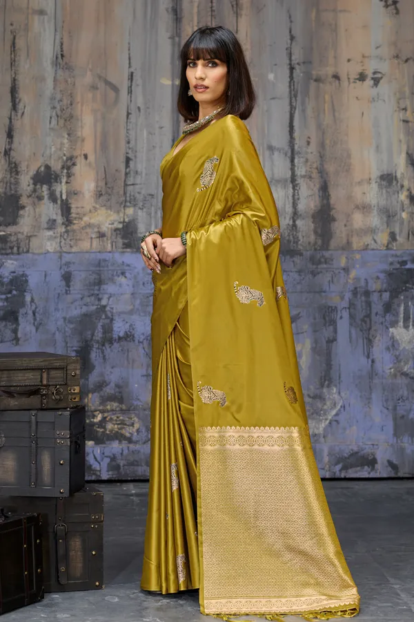 Golden_Olive_Katan_Silk_Saree_With_Antique_Zari_Border_And_Tiger_Buttas_Default_Title