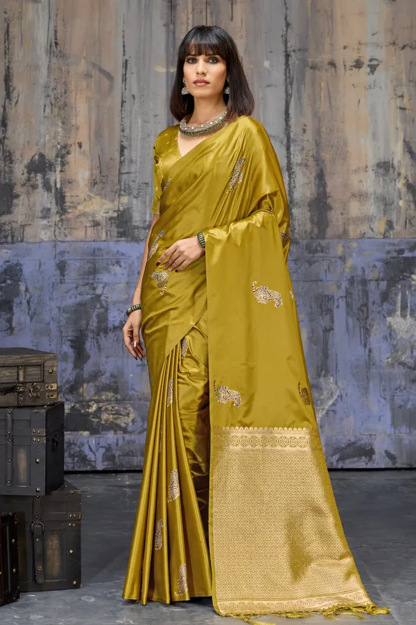 Golden_Olive_Katan_Silk_Saree_With_Antique_Zari_Border_And_Tiger_Buttas_Default_Title