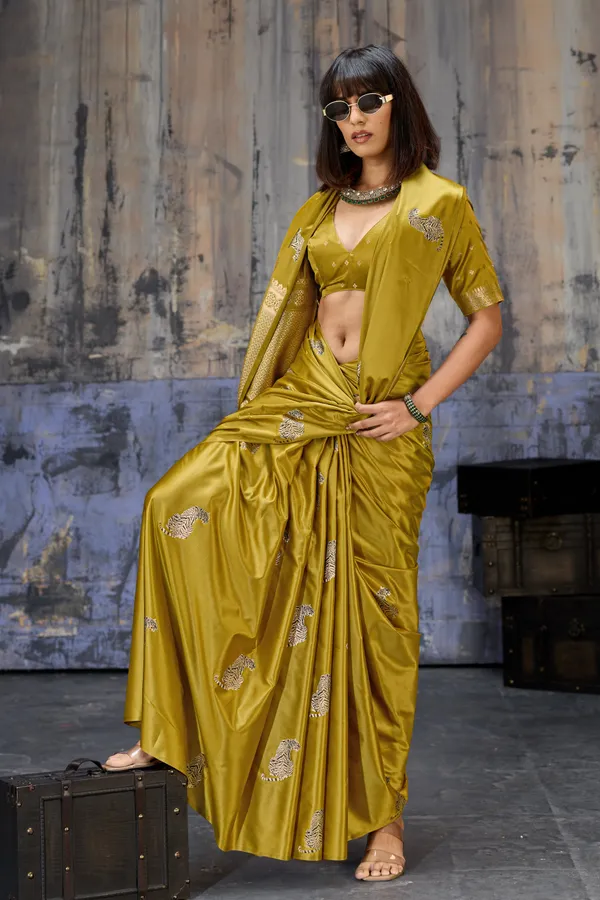 Golden_Olive_Katan_Silk_Saree_With_Antique_Zari_Border_And_Tiger_Buttas_Default_Title