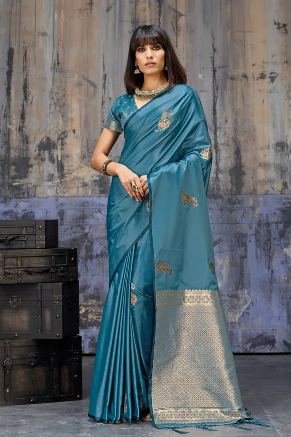 Royal_Teal_Blue_Katan_Silk_Saree_With_Antique_Zari_Border_And_Tiger_Buttas_Default_Title