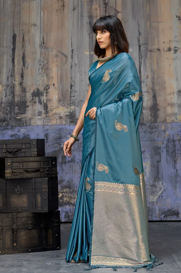 Royal_Teal_Blue_Katan_Silk_Saree_With_Antique_Zari_Border_And_Tiger_Buttas_Default_Title