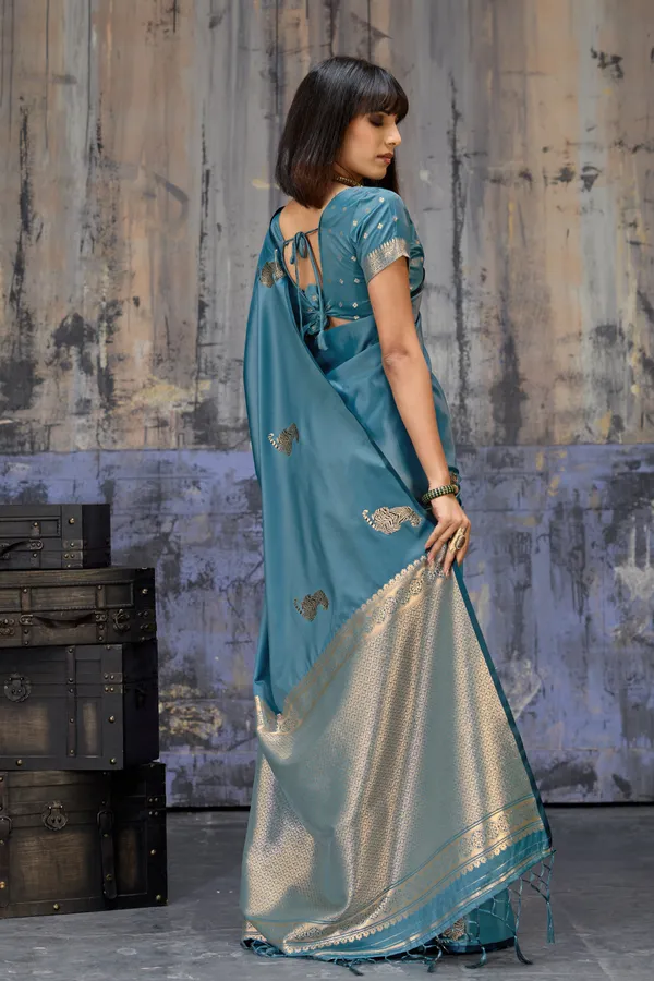 Royal_Teal_Blue_Katan_Silk_Saree_With_Antique_Zari_Border_And_Tiger_Buttas_Default_Title