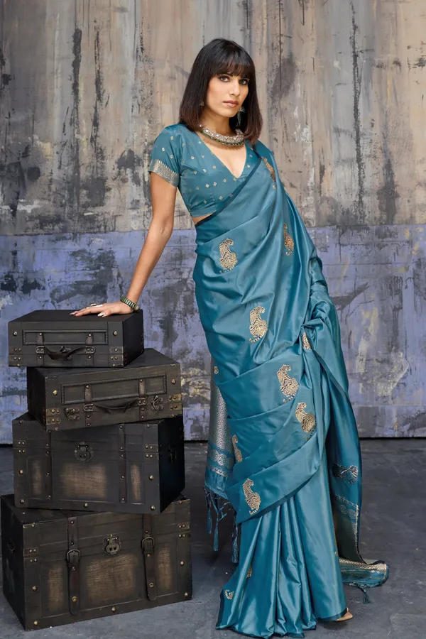 Royal_Teal_Blue_Katan_Silk_Saree_With_Antique_Zari_Border_And_Tiger_Buttas_Default_Title