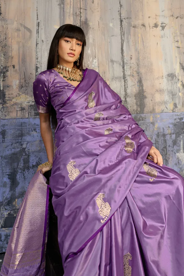 Royal_Violet_Katan_Silk_Saree_With_Antique_Zari_Border_And_Tiger_Buttas_Default_Title