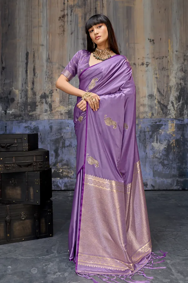 Royal_Violet_Katan_Silk_Saree_With_Antique_Zari_Border_And_Tiger_Buttas_Default_Title