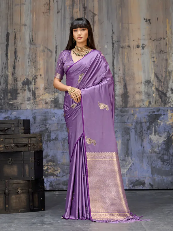 Royal_Violet_Katan_Silk_Saree_With_Antique_Zari_Border_And_Tiger_Buttas_Default_Title