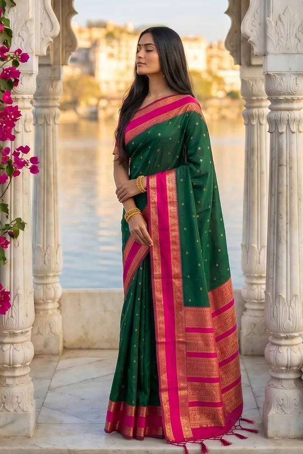 Elegant_Dark_Green_Soft_Silk_Saree_With_Rani_Pink_Zari_Border_For_Women_Default_Title