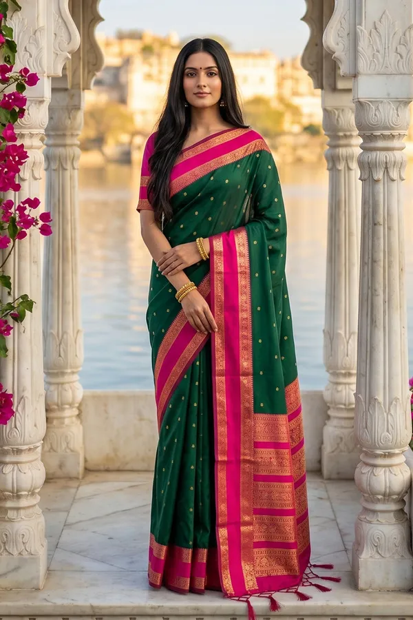 Elegant_Dark_Green_Soft_Silk_Saree_With_Rani_Pink_Zari_Border_For_Women_Default_Title