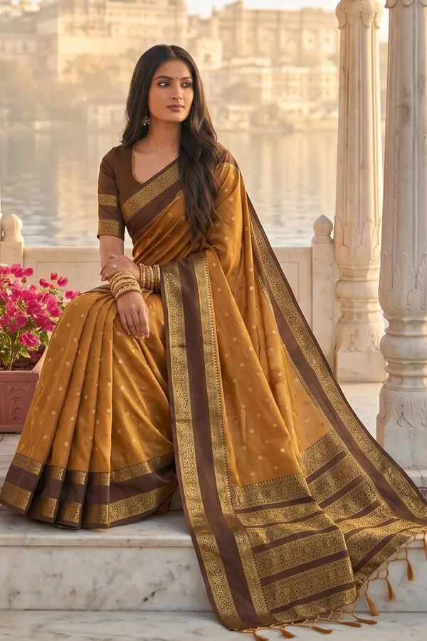Elegant_Mustard_Brown_Soft_Silk_Saree_With_Rich_Golden_Zari_Border_For_Women_Default_Title