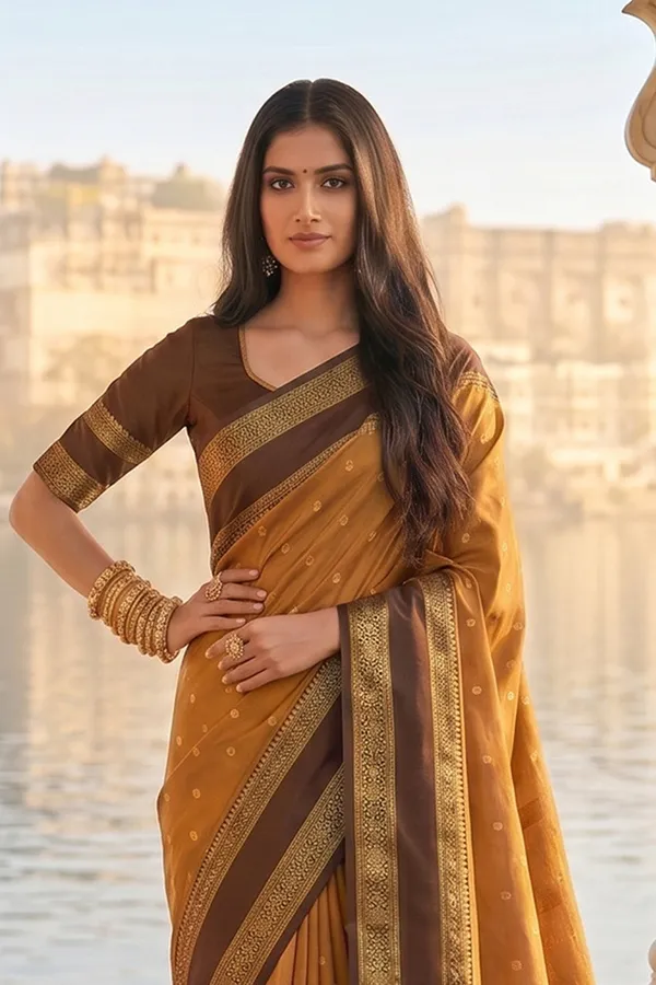 Elegant_Mustard_Brown_Soft_Silk_Saree_With_Rich_Golden_Zari_Border_For_Women_Default_Title