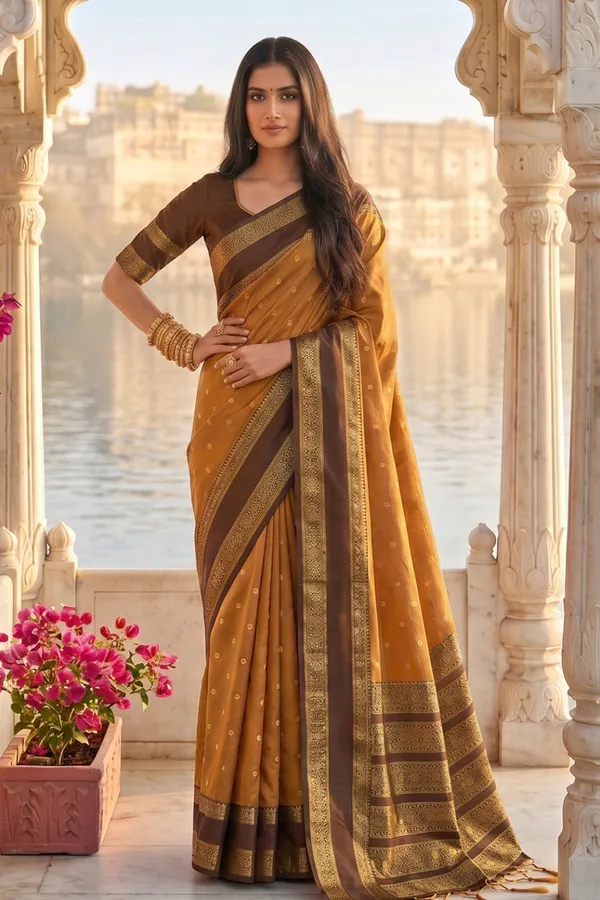 Elegant_Mustard_Brown_Soft_Silk_Saree_With_Rich_Golden_Zari_Border_For_Women_Default_Title