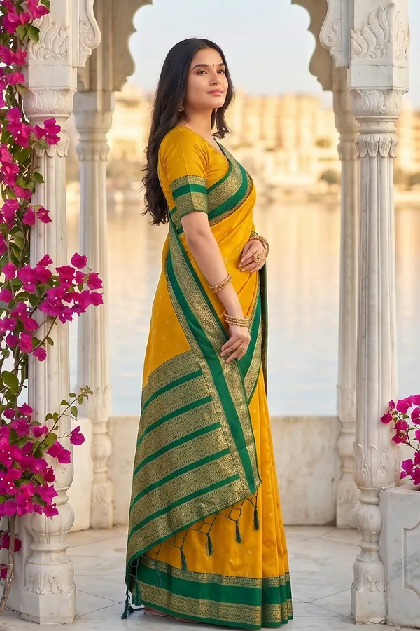 Elegant_Mustard_Yellow_Soft_Silk_Saree_With_Green_Zari_Border_For_Women_Default_Title