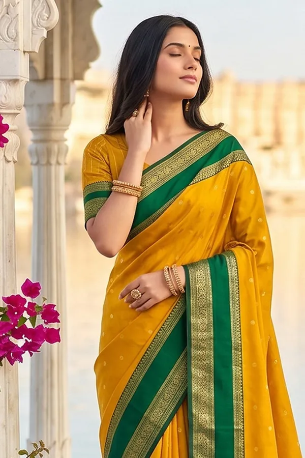 Elegant_Mustard_Yellow_Soft_Silk_Saree_With_Green_Zari_Border_For_Women_Default_Title