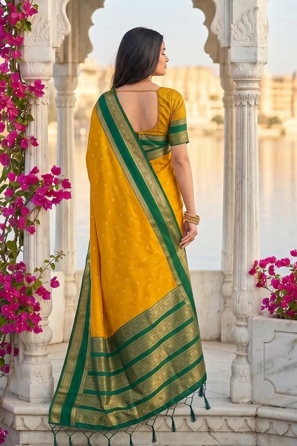 Elegant_Mustard_Yellow_Soft_Silk_Saree_With_Green_Zari_Border_For_Women_Default_Title