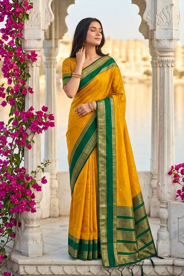 Elegant_Mustard_Yellow_Soft_Silk_Saree_With_Green_Zari_Border_For_Women_Default_Title