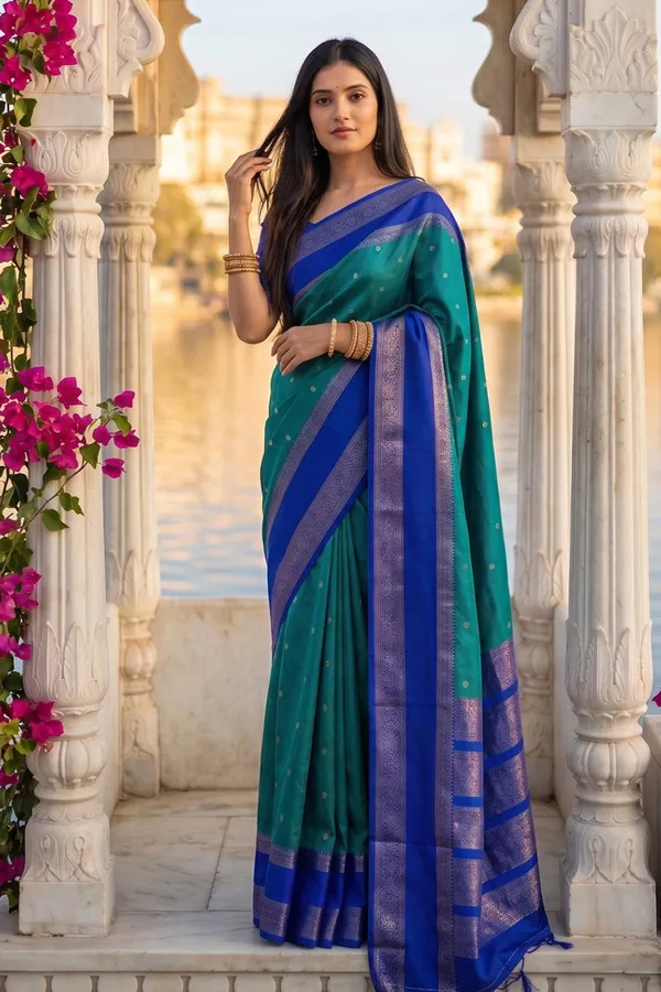 Elegant_Teal_Blue_Soft_Silk_Saree_With_Royal_Blue_Zari_Border_For_Women_Default_Title