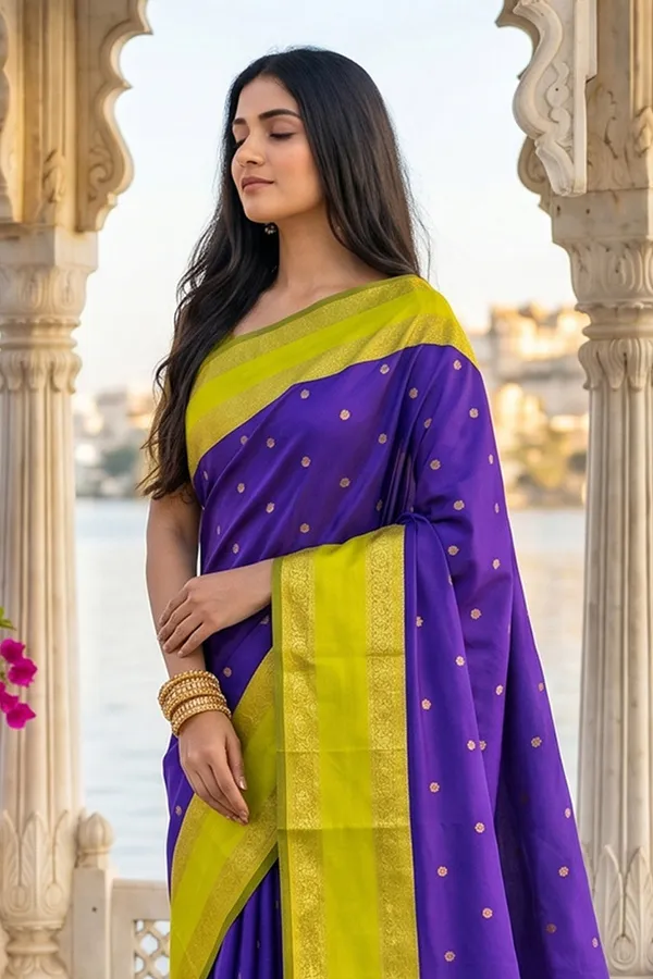 Elegant_Royal_Purple_Soft_Silk_Saree_With_Lime_Green_Zari_Border_For_Women_Default_Title