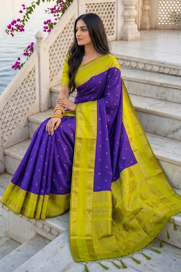 Elegant_Royal_Purple_Soft_Silk_Saree_With_Lime_Green_Zari_Border_For_Women_Default_Title