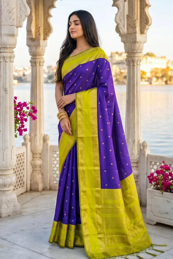 Elegant_Royal_Purple_Soft_Silk_Saree_With_Lime_Green_Zari_Border_For_Women_Default_Title