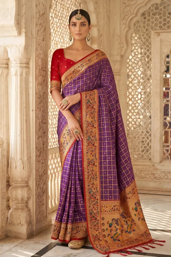 Purple_Banarasi_Silk_Saree_With_Meenakari_Paithani_Pallu_And_Red_Blouse_Default_Title