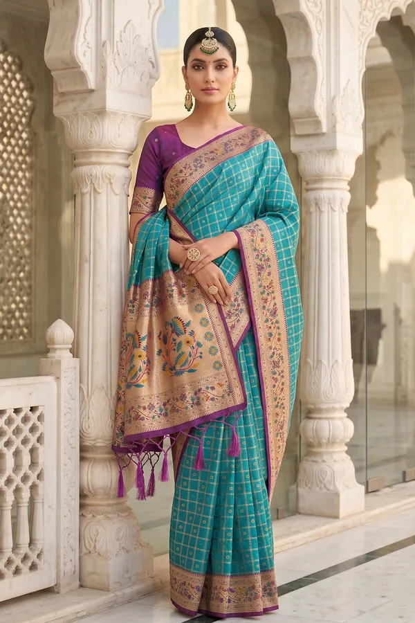 Turquoise_Blue_Banarasi_Silk_Saree_With_Meenakari_Paithani_Pallu_And_Magenta_Blouse_Default_Title