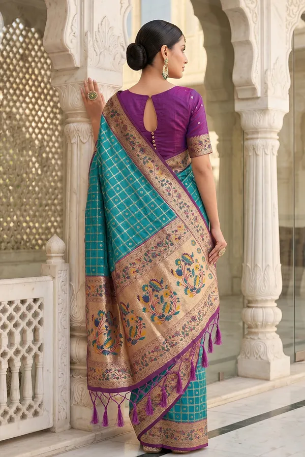 Turquoise_Blue_Banarasi_Silk_Saree_With_Meenakari_Paithani_Pallu_And_Magenta_Blouse_Default_Title