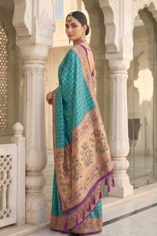 Turquoise_Blue_Banarasi_Silk_Saree_With_Meenakari_Paithani_Pallu_And_Magenta_Blouse_Default_Title
