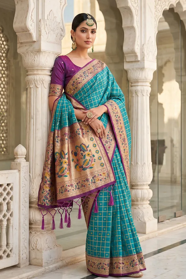 Turquoise_Blue_Banarasi_Silk_Saree_With_Meenakari_Paithani_Pallu_And_Magenta_Blouse_Default_Title