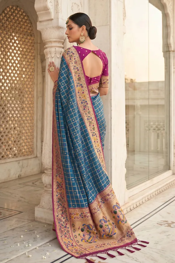 Royal_Blue_Banarasi_Silk_Saree_With_Meenakari_Paithani_Pallu_And_Magenta_Blouse_Default_Title