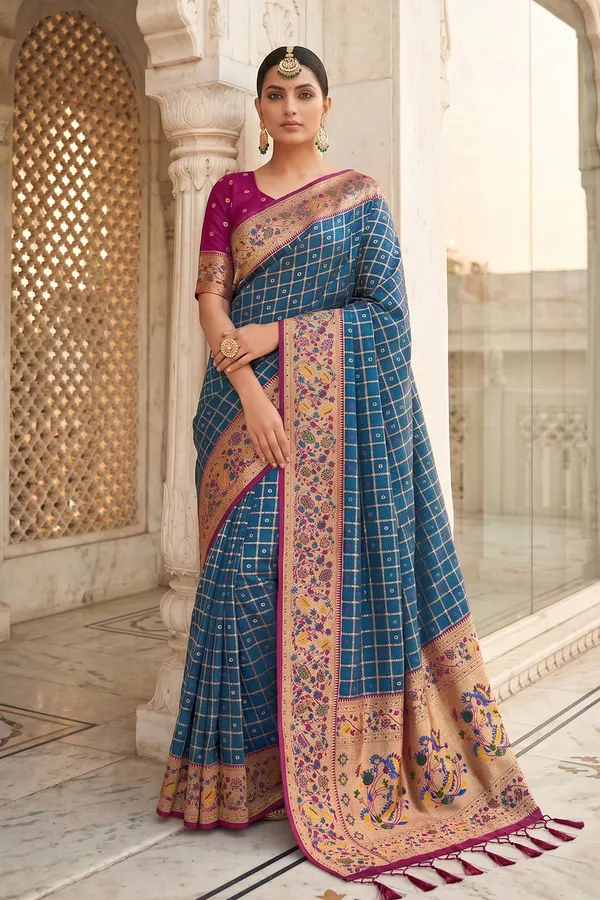 Royal_Blue_Banarasi_Silk_Saree_With_Meenakari_Paithani_Pallu_And_Magenta_Blouse_Default_Title