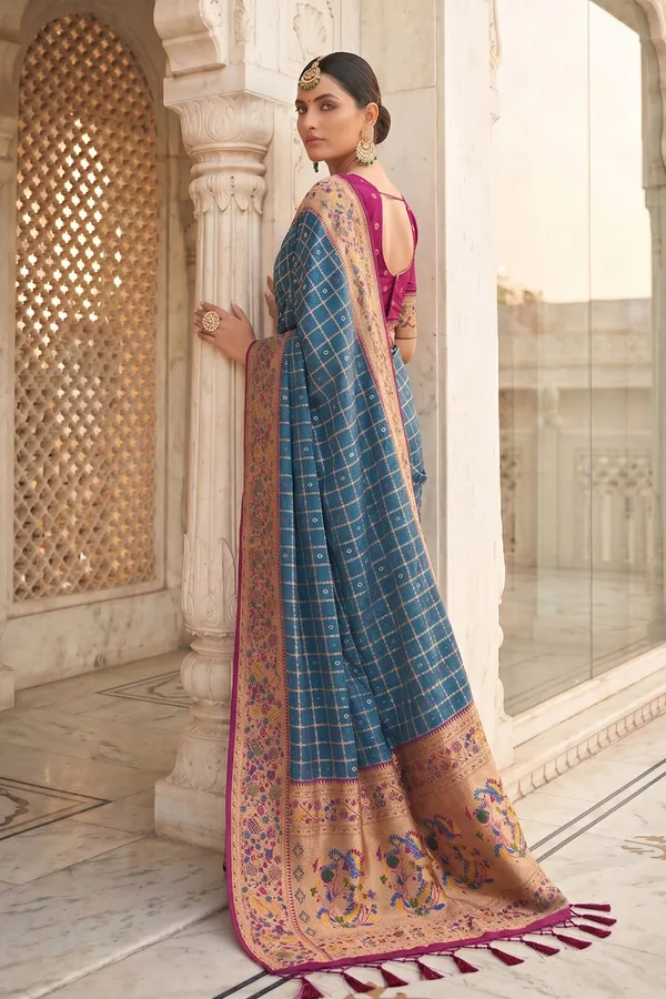 Royal_Blue_Banarasi_Silk_Saree_With_Meenakari_Paithani_Pallu_And_Magenta_Blouse_Default_Title