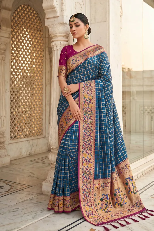Royal_Blue_Banarasi_Silk_Saree_With_Meenakari_Paithani_Pallu_And_Magenta_Blouse_Default_Title