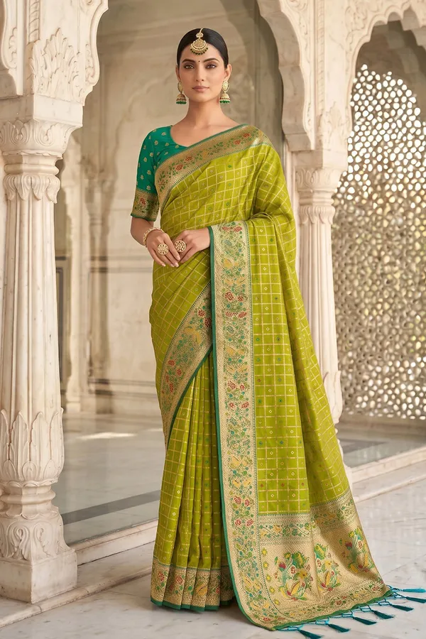 Lime_Green_Banarasi_Silk_Saree_With_Meenakari_Paithani_Pallu_And_Rama_Green_Blouse_Default_Title