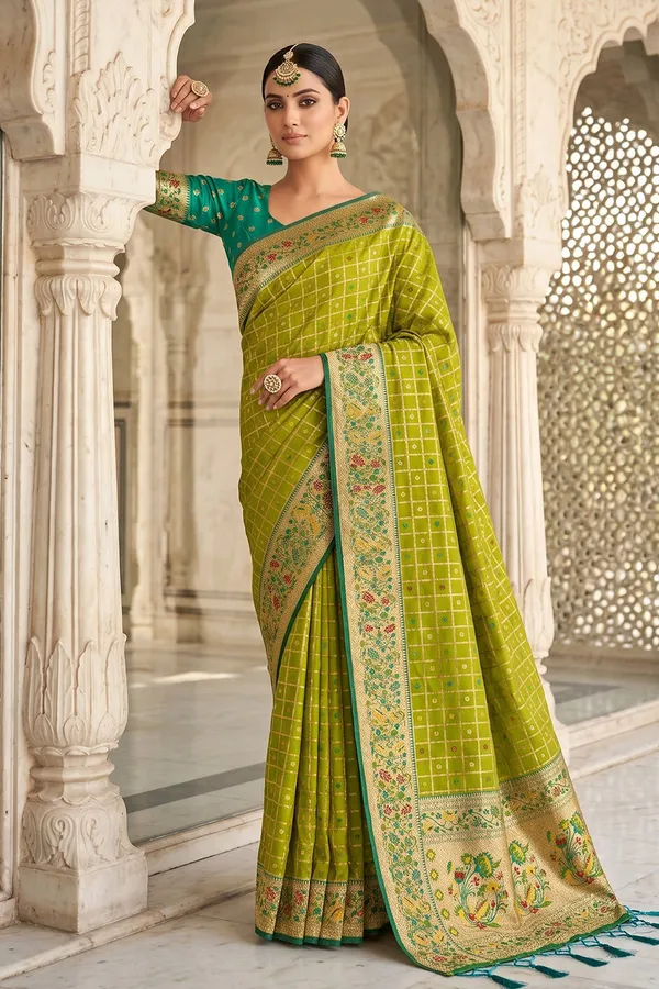 Lime_Green_Banarasi_Silk_Saree_With_Meenakari_Paithani_Pallu_And_Rama_Green_Blouse_Default_Title