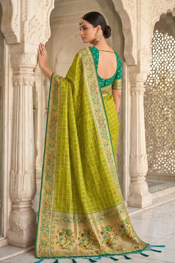 Lime_Green_Banarasi_Silk_Saree_With_Meenakari_Paithani_Pallu_And_Rama_Green_Blouse_Default_Title