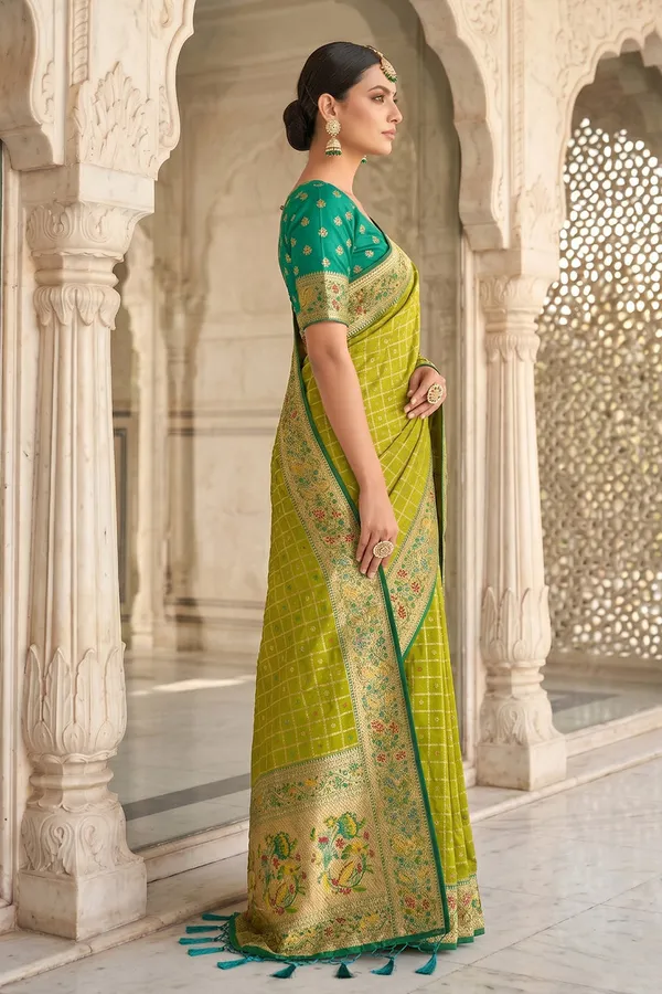 Lime_Green_Banarasi_Silk_Saree_With_Meenakari_Paithani_Pallu_And_Rama_Green_Blouse_Default_Title