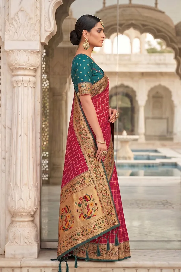 Wedding_Red_Banarasi_Silk_Saree_With_Meenakari_Paithani_Pallu_And_Rama_Green_Blouse_Default_Title
