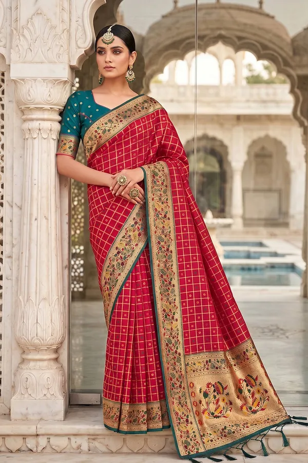 Wedding_Red_Banarasi_Silk_Saree_With_Meenakari_Paithani_Pallu_And_Rama_Green_Blouse_Default_Title