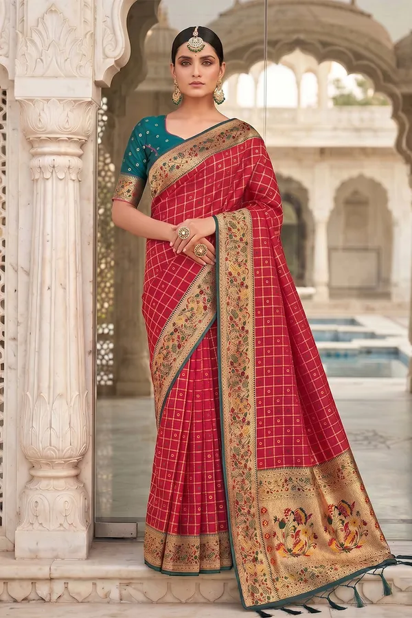 Wedding_Red_Banarasi_Silk_Saree_With_Meenakari_Paithani_Pallu_And_Rama_Green_Blouse_Default_Title